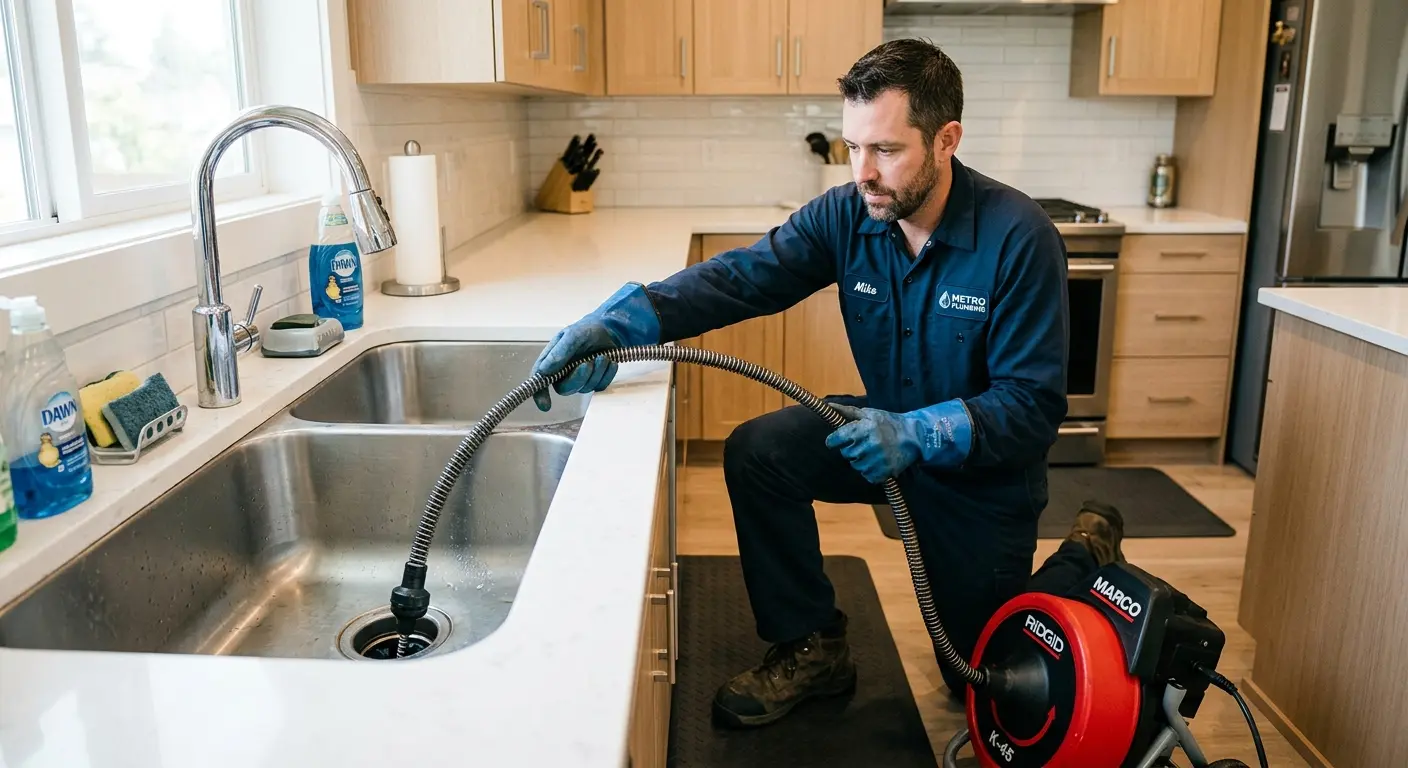 Drain cleaning technician using a motorized snake on a kitchen sink in Crest Hill