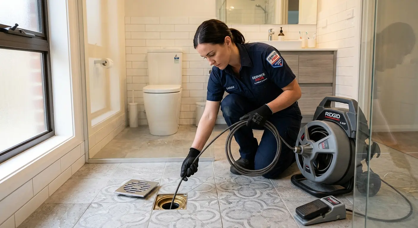 Technician clearing a bathroom floor drain for Hydro Jetting in Crest Hill